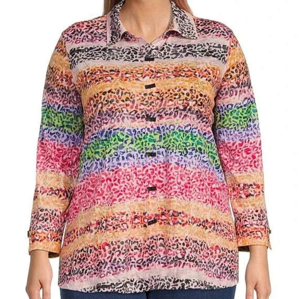 Ali Miles Rainbow Leopard Print Button Front Long Sleeve Knit Tunic Size Large